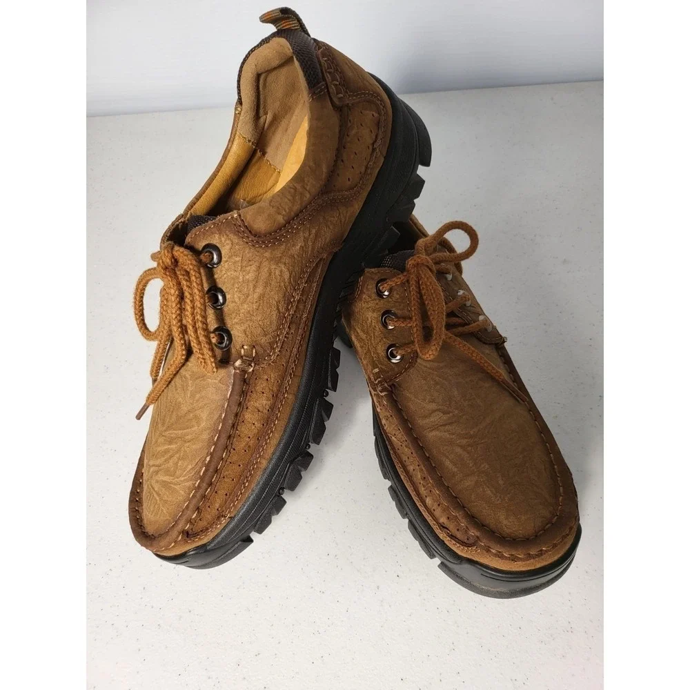 Fashion Mens Brown Textured Leather Moc Toe Oxford Hiking Shoes Lug Sole Brown